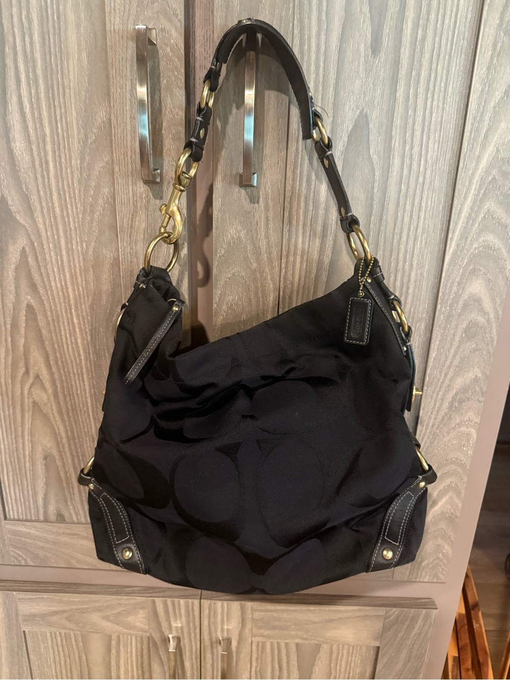 Vintage Coach Black Signature Carly Hobo with Gold-Tone Hardware